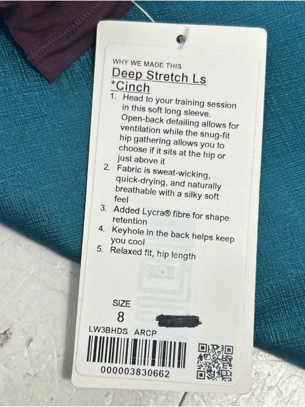 Lululemon Long Sleeve Deep Stretch Ls Cinch - Plum Sz 8 NWT